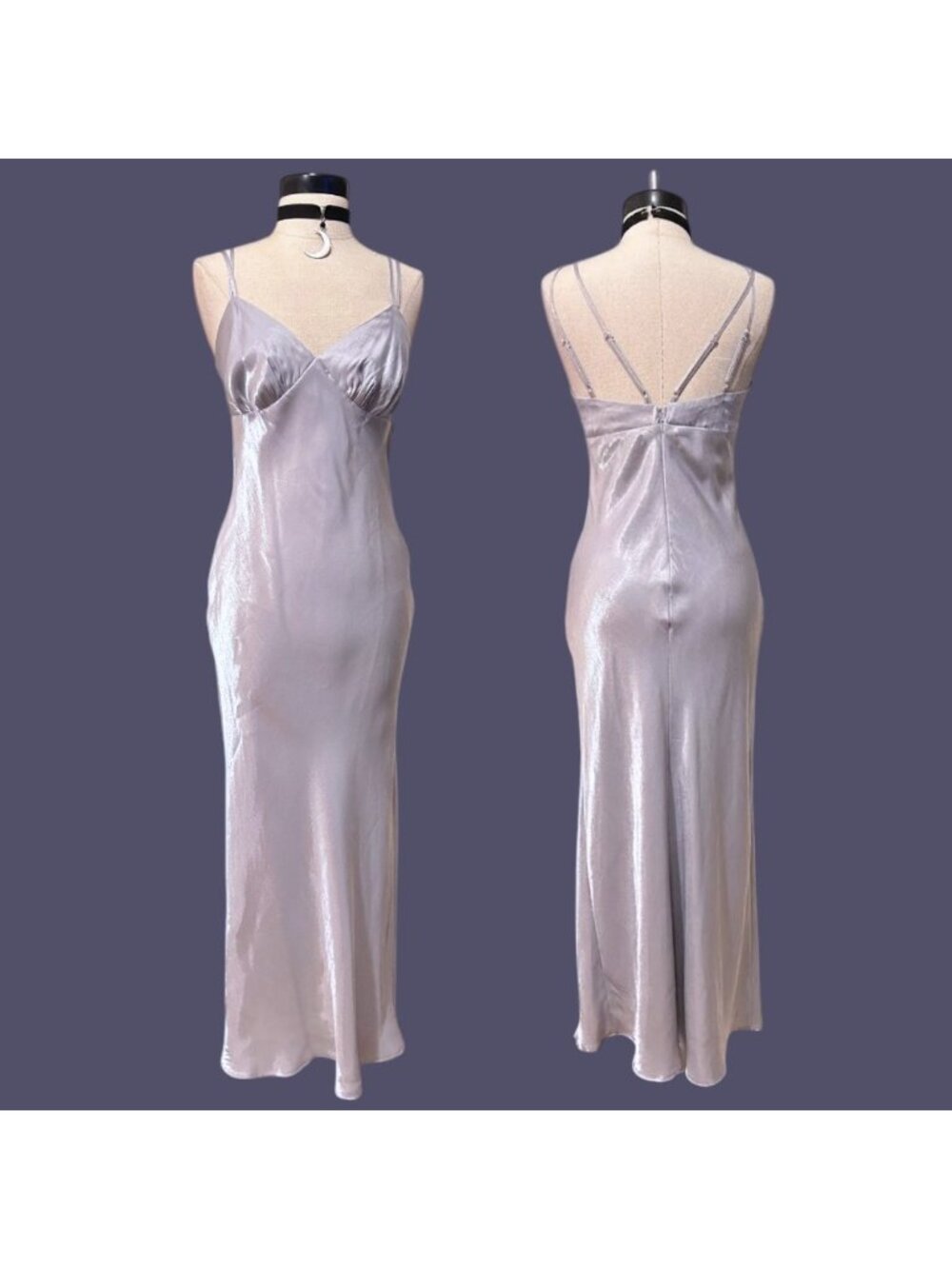 Formal Silver Satin Slip Maxi Dress Spaghetti Strap Y2K Glam Party size small